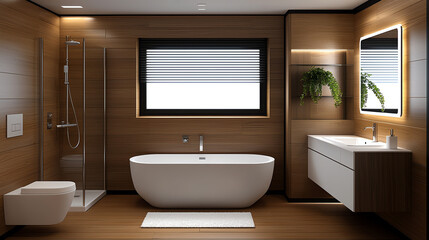 Fototapeta na wymiar A top view of a modern bathroom with a freestanding bathtub, a walkin shower, and a floating vanity with dual sinks