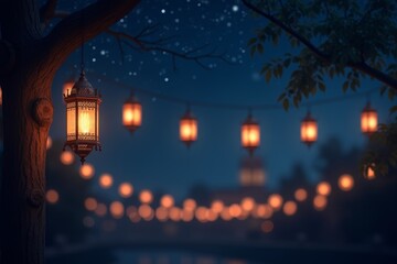 Festive night scene with string lights and lanterns against starry sky