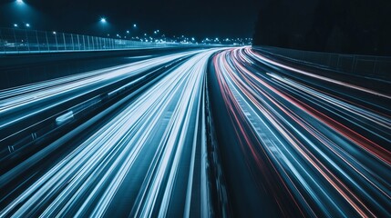 A long exposure shot of a highway with streaking light trails of traffic passing through the city at night. The city skyline glows brightly in the distance.