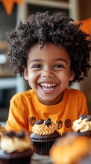Naklejka premium Joyful child with curly hair beams with excitement at a festive Halloween party, surrounded by orange decorations and delicious cupcakes with spooky designs.
