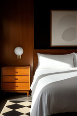 A top view of a midcentury modern bedroom with a vintage dresser, wooden bed frame, and geometricpatterned rug