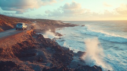 Fototapeta premium Car Driving Along a Coastal Road with Waves Crashing on Rocks at Sunset