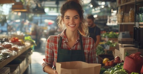 Obraz premium Smiling woman with a paper bag in a vibrant produce market, showcasing fresh vegetables and fruits, embodying a healthy lifestyle.