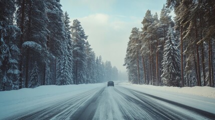 Obraz premium Snowy Road Through a Winter Forest with a Car in the Distance
