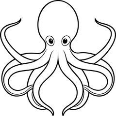 A cute stylish Octopus outline drawing vector. Octopus sea animal continuous line art. Hand drawn corals, seaweeds and shells. Coloring page with cute cartoon octopus.