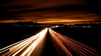 Obraz premium A long exposure shot of a highway with streaking light trails of traffic passing through the city at night. The city skyline glows brightly in the distance.