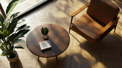 A top view of a midcentury modern living room with vintagestyle furniture, geometric patterns, and wooden accents