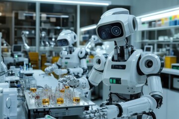 High-tech laboratory with multiple robotic assistants testing new compounds, Drug Discovery, automation, future lab, scientific advancement