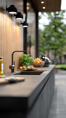 A side view of an outdoor kitchen with a builtin grill, a sink, and a bar area for dining al fresco