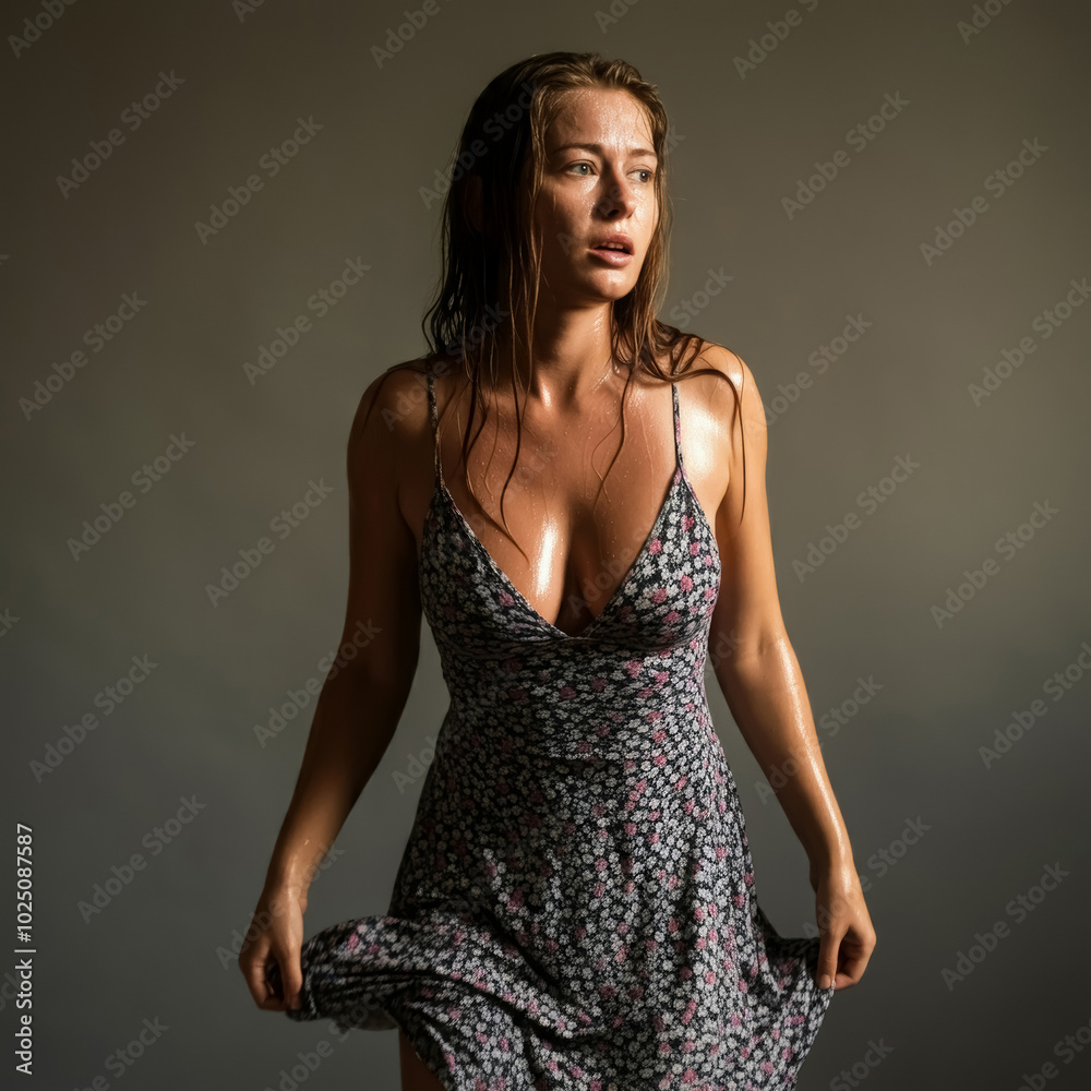 Wall mural Beautiful woman in a summer flower dress, perfect body, modern casual wife, seductive, gorgeous, attractive, charming