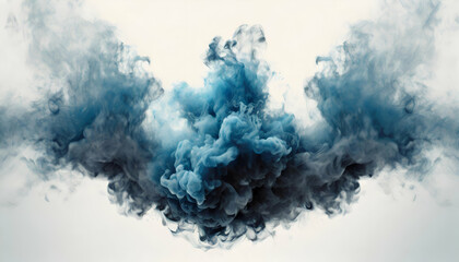 an ethereal blue smoke explosion forming an artistic border around the frame, floating effortlessly on a clean white background. The smoke subtly fades and dissolves at the edges