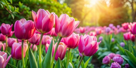 Fototapeta premium Close-up Portrait of Blooming Pink Tulips in a Vibrant Garden Setting for Floral Photography Enthusiasts