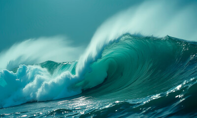 Tsunami wave crashes against the rocky shoreline, creating a misty veil that rises high into the air