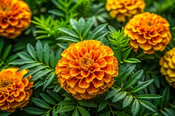 Fototapeta premium Close-up View of Marigold Leaves with Distinctive Texture and Vibrant Green Color in Natural Light