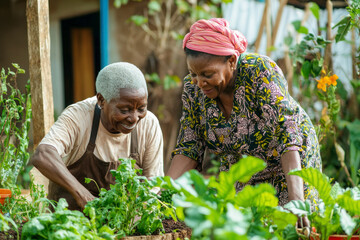 Fototapeta premium Happy African senior people gardening together at home.