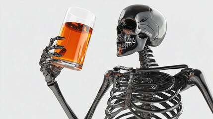 Chrome skeleton holding a glass of orange liquid in its hand, contemplating the drink