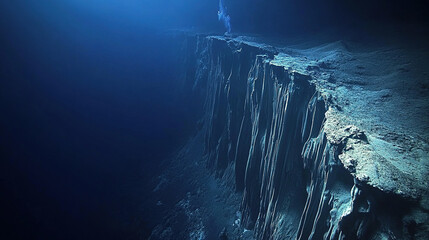 A rare underwater view of the Mariana Trench in the Pacific Ocean, in a realistic photographic style, showcasing the deepest part of the Earth's oceans