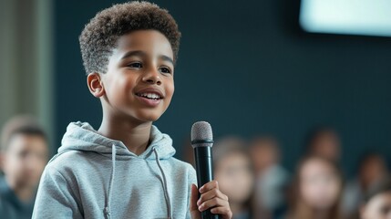 Young boy with curly hair and bright smile confidently speaks into microphone, wearing gray hoodie. Audience blurred in background, capturing youth empowerment.