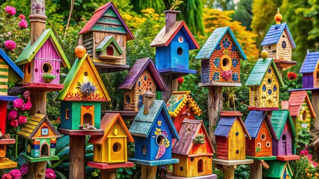 Colorful and Creative Painted Birdhouses in Various Designs for Gardens and Outdoor Decor Inspiration