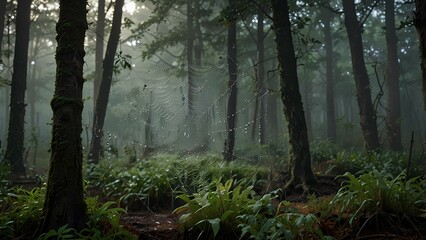 Fototapeta premium Close-Up of Dewy Spider Webs in an Eerie, Fog-Filled Forest Scene