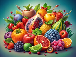 Colorful and Vibrant Fruit Illustration for Freshness, Health, and Nutrition in Modern Design and Artistic Projects