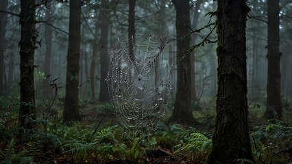 Obraz premium Close-Up of Dewy Spider Webs in an Eerie, Fog-Filled Forest Scene