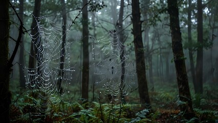 Obraz premium Close-Up of Dewy Spider Webs in an Eerie, Fog-Filled Forest Scene