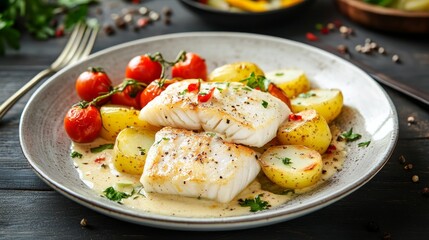 A plate of pan-seared cod with roasted potatoes and cherry tomatoes in a creamy sauce.