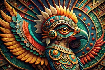 Colorful Aztec Bird Illustration with Intricate Patterns and Cultural Significance in Vibrant Colors