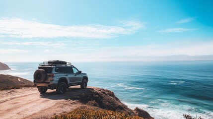 Silver SUV parked on a cliff overlooking the ocean