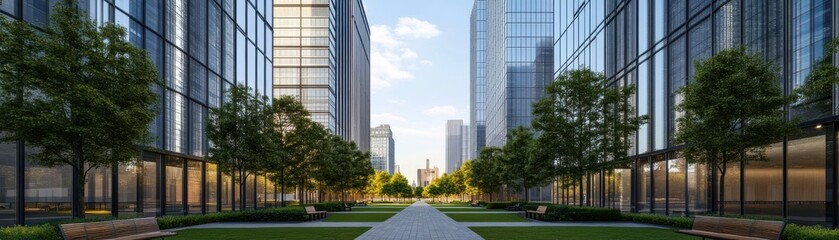 Obraz premium A modern urban pathway flanked by sleek buildings and lush greenery, inviting strolls through a vibrant cityscape.