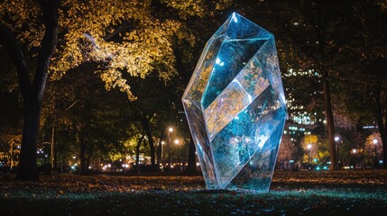 An artistic shot of a glass sculpture in a city park at night, with city lights reflecting off its surface, blending nature and urban life