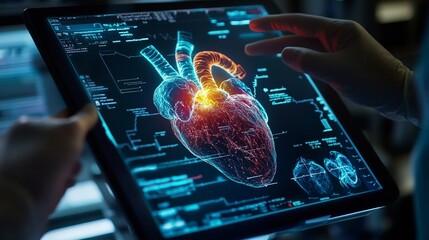 Futuristic medical technology: digital tablet displays 3D holographic model of human heart with intricate details, held by hands of healthcare professional.