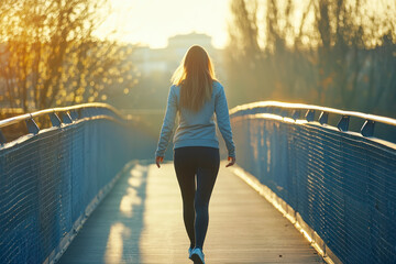 View from distance on young slim female walking on bridge alone outdoors, in sportive clothes, looking confident and focused.