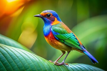 Obraz premium Colorful Bird Perched Gracefully on a Vibrant Green Leaf in a Natural Outdoor Setting