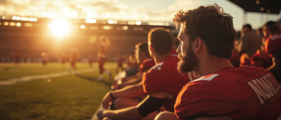Obraz premium a football team on the sidelines, with players sitting on benches