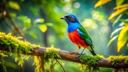 Obraz premium Colorful Bird Perched on a Branch Against a Bright Blue Sky in a Lush Green Forest Setting