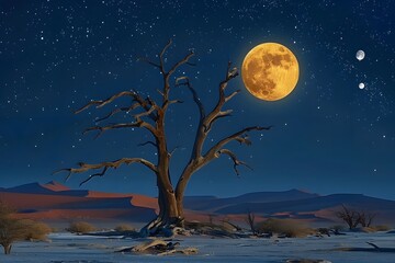 Enchanting Nightscape with a Full Moon and a Majestic Tree
