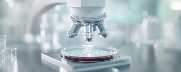 A close-up view of a laboratory microscope examining a petri dish filled with microbial culture under bright lighting.