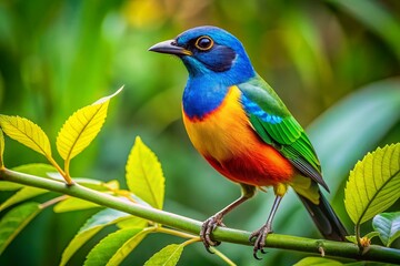 Fototapeta premium Colorful Bird Perched on a Branch with Lush Green Leaves in a Vibrant Natural Setting