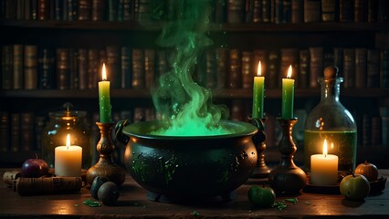 Dark Room with Bubbling Cauldron and Spell Books on a Wooden Table