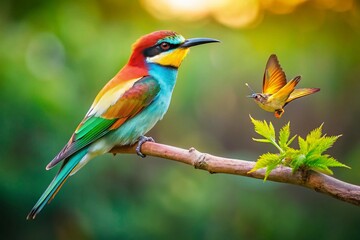 Obraz premium Colorful Bird Perched on a Branch with a Beautiful Butterfly in Nature - Perfect for Wildlife and Nature