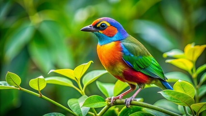 Fototapeta premium Colorful Bird Perched on Green Leaves in a Lush Natural Environment Capturing Nature's Beauty