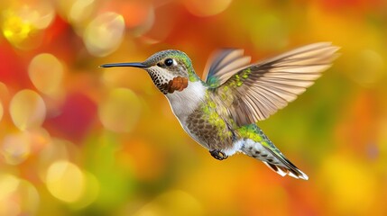 Fototapeta premium A hummingbird flying in the air with a blurry background and a blurry foreground