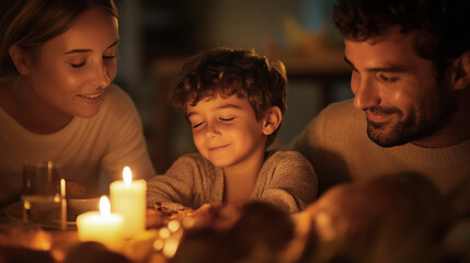 Family sharing a warm candlelit dinner together