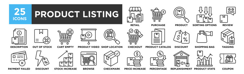 Product Listing icon collection set. Containing design business, marketing, concept, product