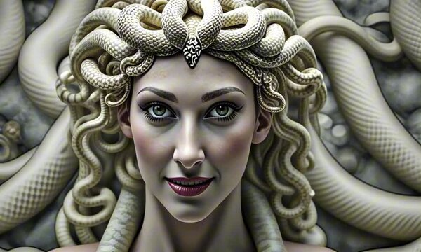sinister smiling medusa with pale white skin, snakes growing out of her head, Greek mythology surreal animation