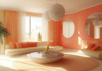 A chic living room with peach walls, modern furniture, and round pendant lights.