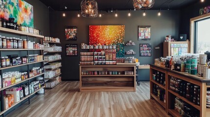 Art Supply Store Interior with Shelves of Paints and Brushes