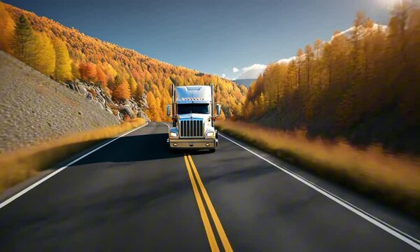 3d runaway semi truck swerving on a mountain highway in the autumn fall, safe driving dui concept